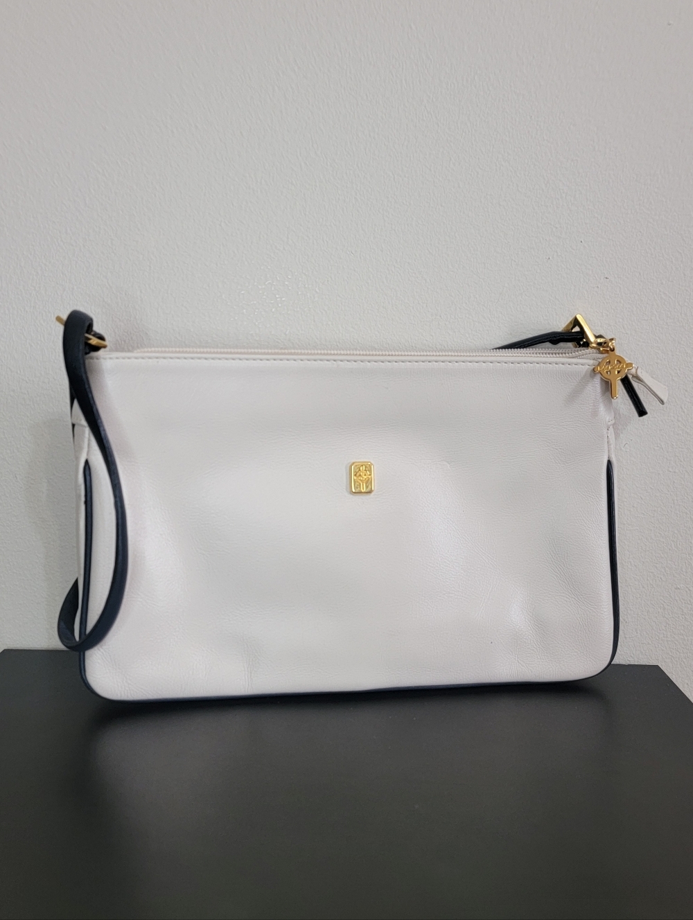 White Leather Wristlet Clutch with Gold Hardware